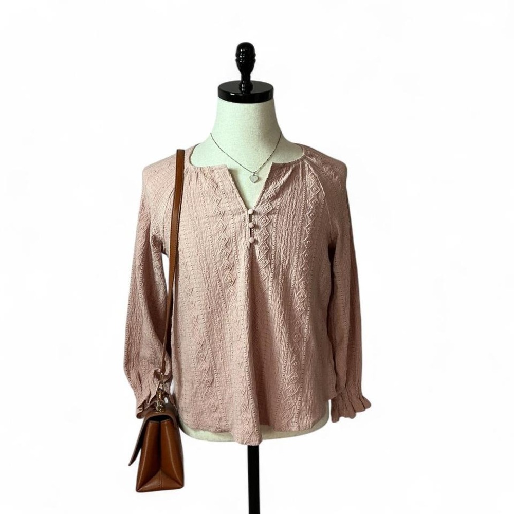 Frye Womens Pink Diamond Textured Long Sleeve Peasant Top‎ Small RN114186
